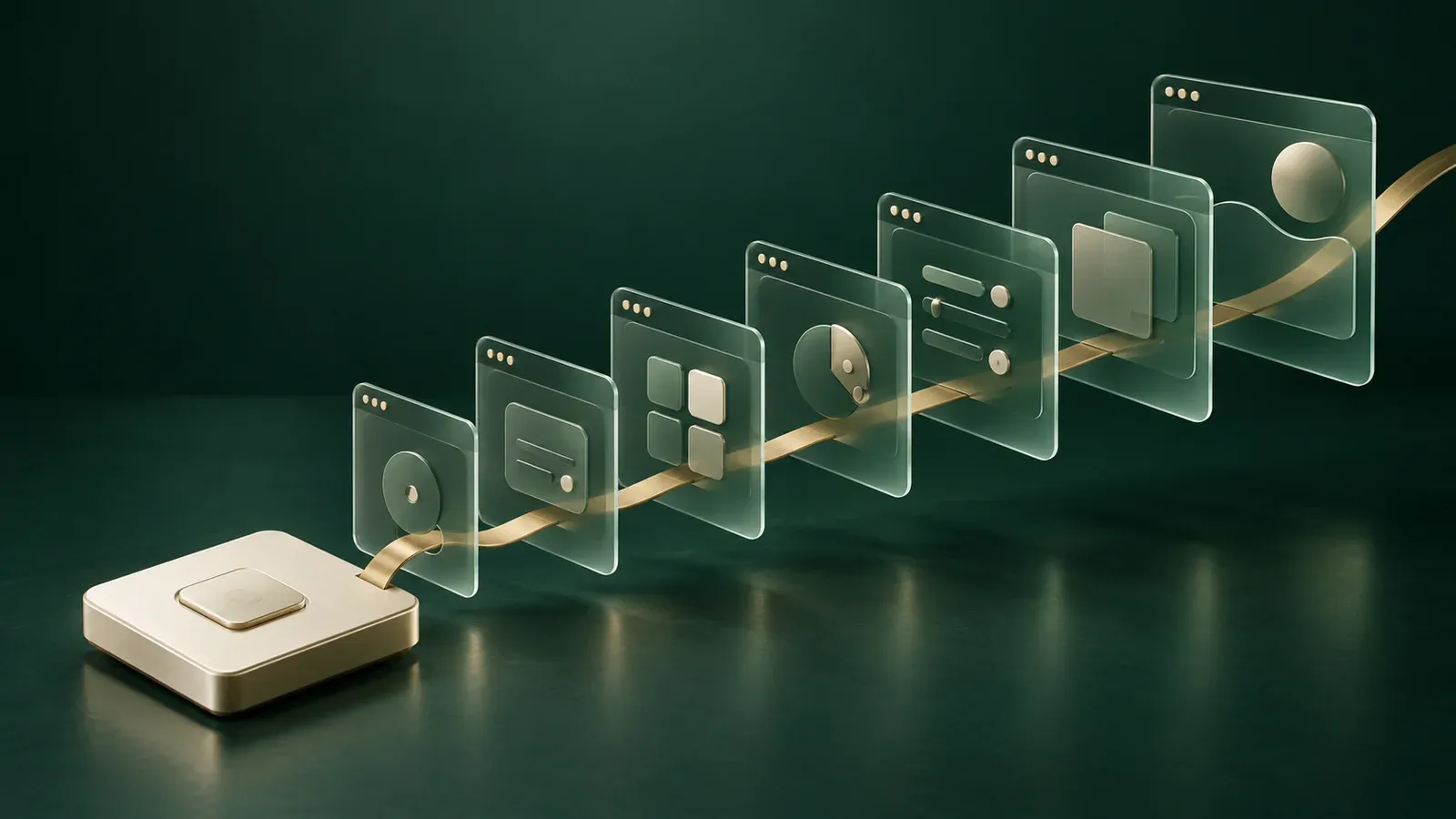 A brass path connecting an expanding series of green glass software panels