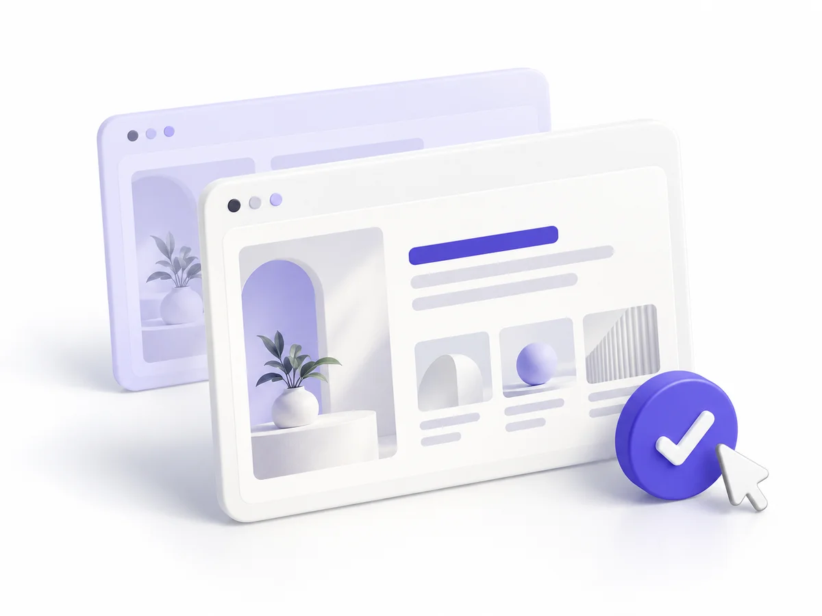 A website preview with an approval checkmark before publishing