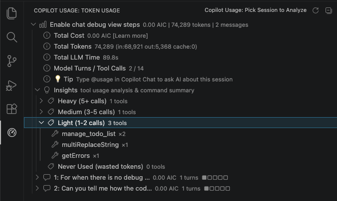 GitHub Copilot Chat Usage showing token, cost, and tool-call insights